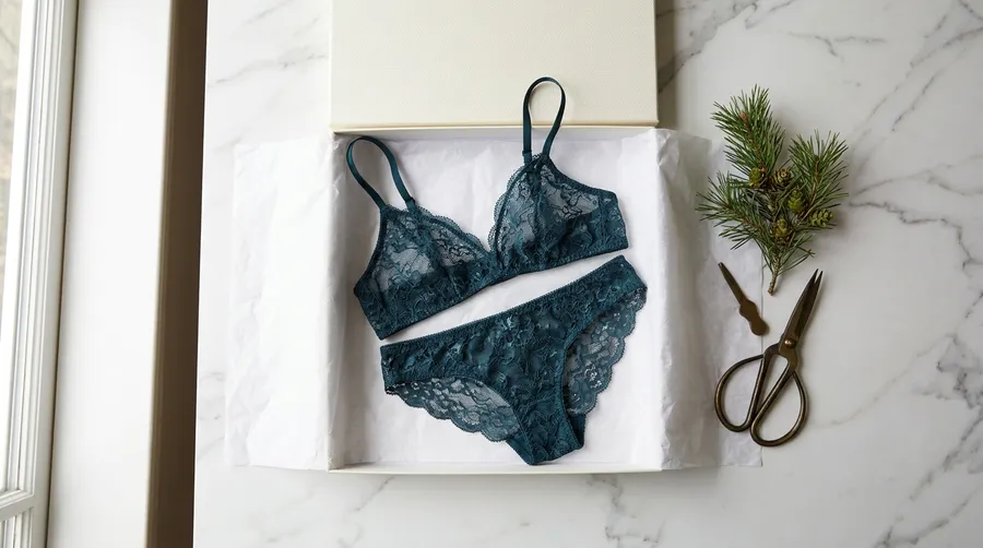 Occasion lingerie styled against a warm, low-lit holiday set