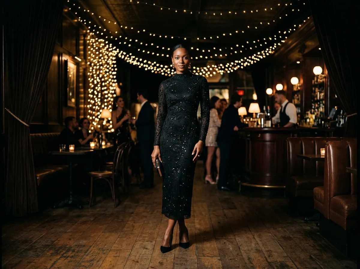 A sequinned black midi dress on a model in a low-lit bar, shot for a Halloween-season listing