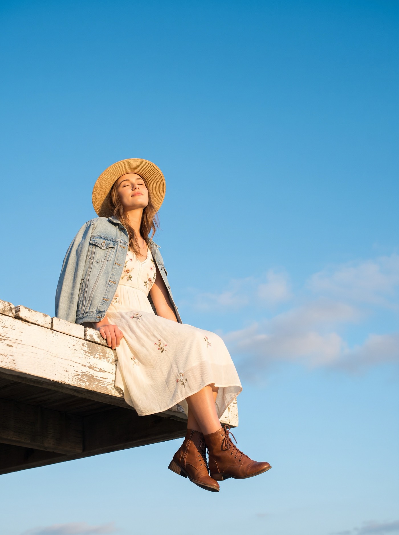 An AI-generated model wearing a dress, denim jacket and boots, each tagged with its product photo