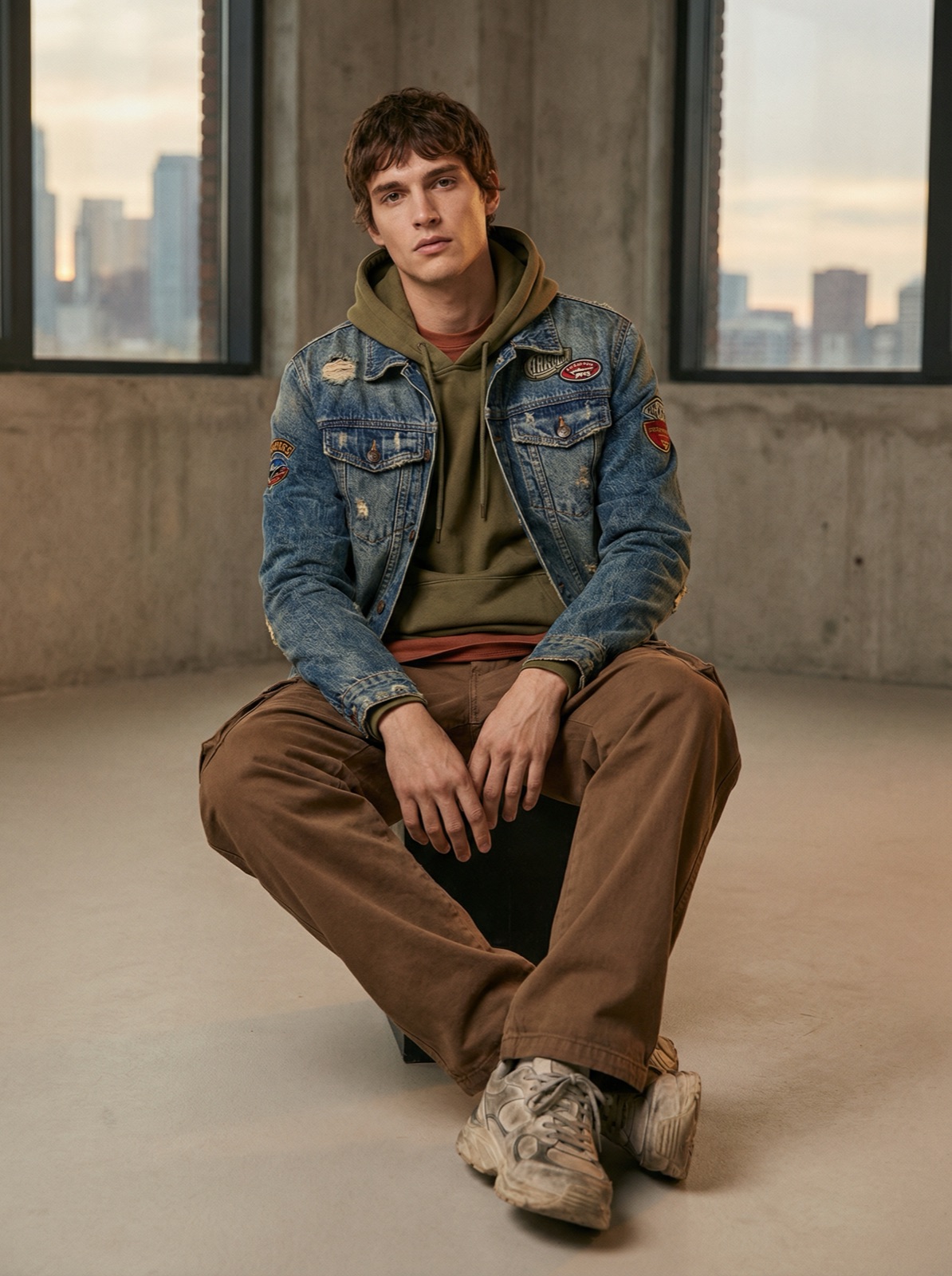 On-model editorial with layered denim, knit, and corduroy — rendered hands, hair, and shadows