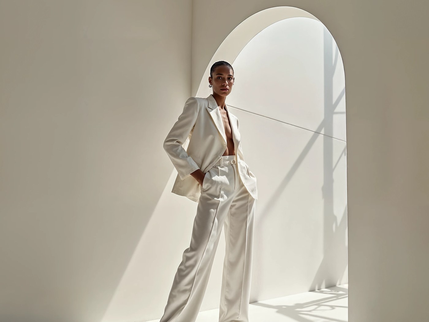 Photoreal on-model studio shot of a cream suit generated from a single product photo