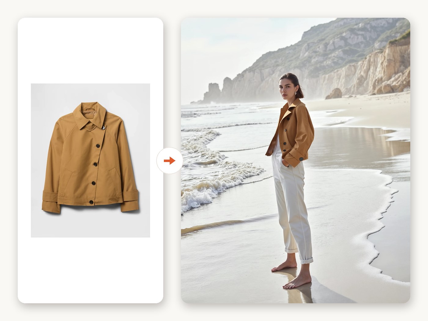 Before and after: a camel jacket product photo rendered on a model with buttons, collar, and fabric preserved