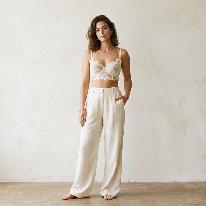 A model in an ivory lace bralette and high-waisted trousers, standing against a warm off-white studio wall
