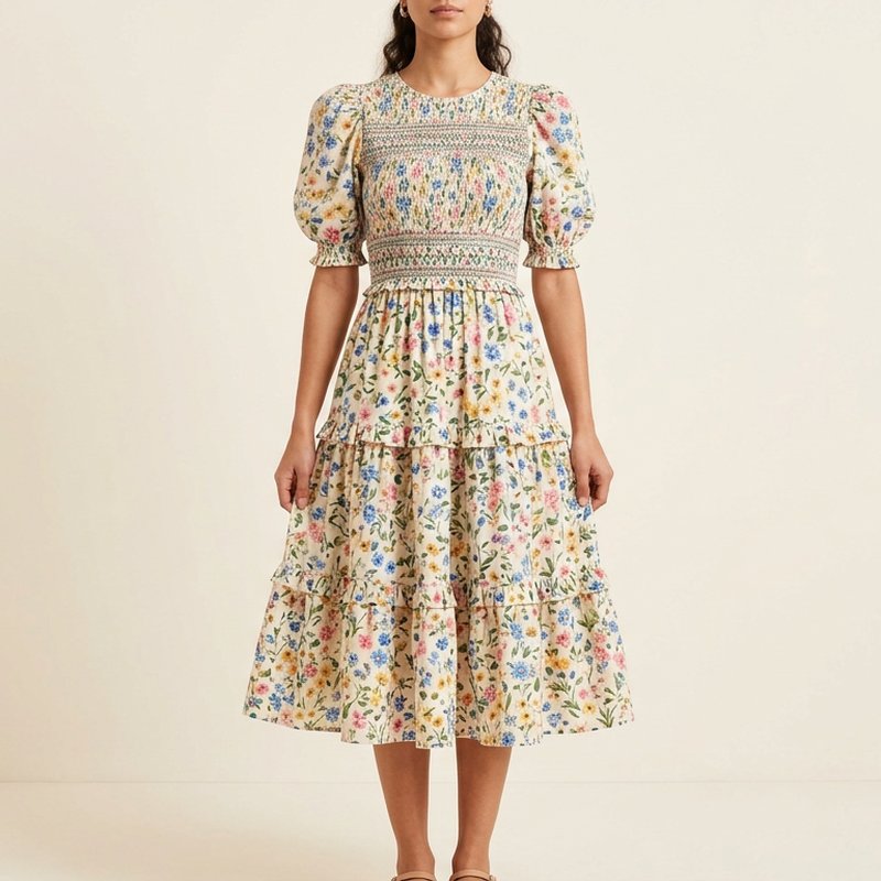 Floral smocked midi dress with print and seams kept crisp, AI Dress Models