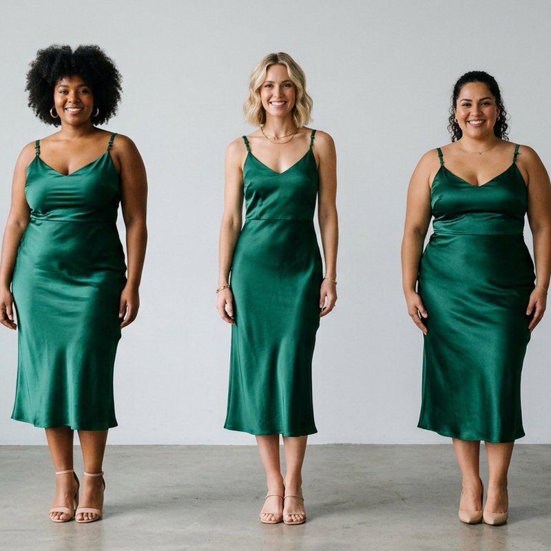 Same satin slip dress on three body types, AI Dress Models