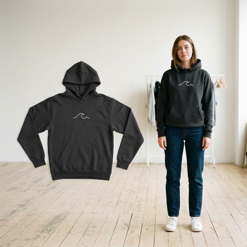 Black pullover hoodie with a small wave graphic shown on its own and on a female model with the same print placement, AI Hoodie Model Generator