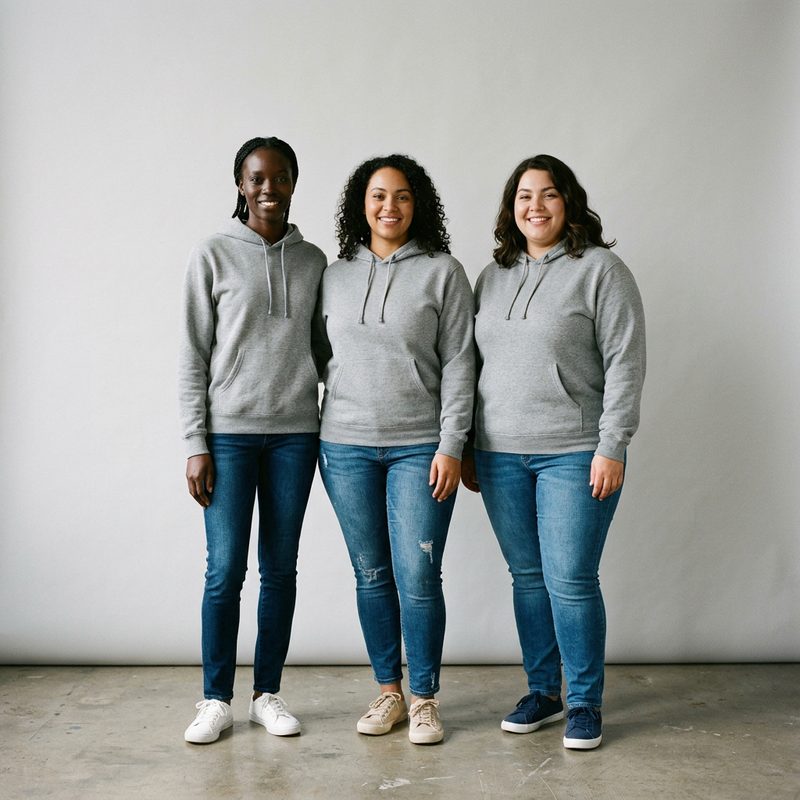 Same heather grey hoodie on three women with different body types and skin tones, AI Hoodie Model Generator
