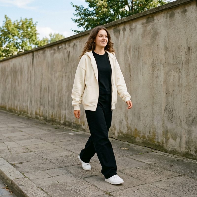Woman in an open cream zip-up hoodie over a black tee walking along a concrete wall, AI Hoodie Model Generator