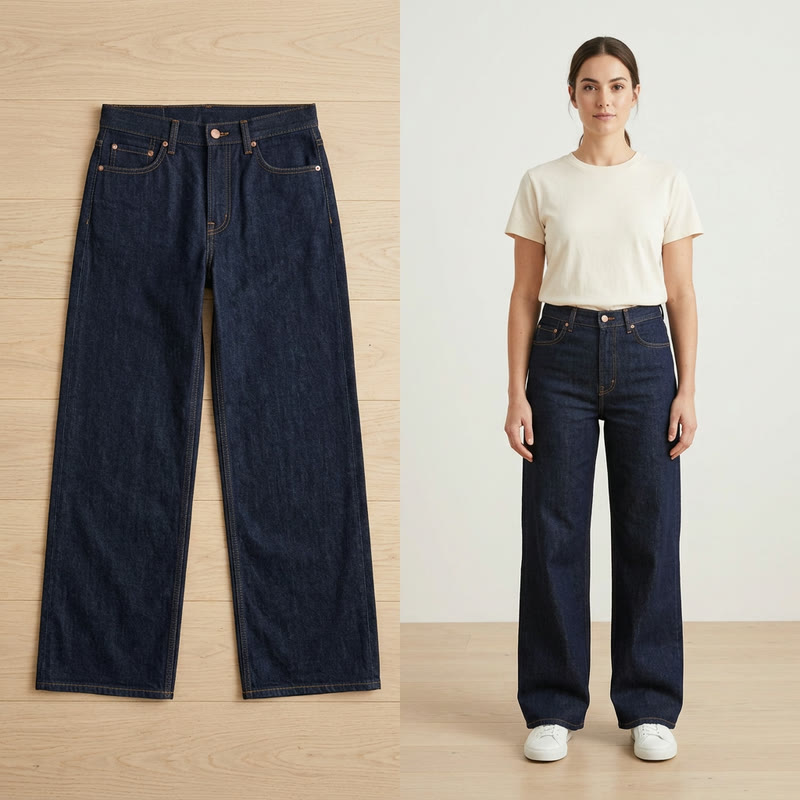Dark indigo wide-leg jeans shown as a flat-lay and on a model with the same wash and leg shape, AI Jeans Model Generator