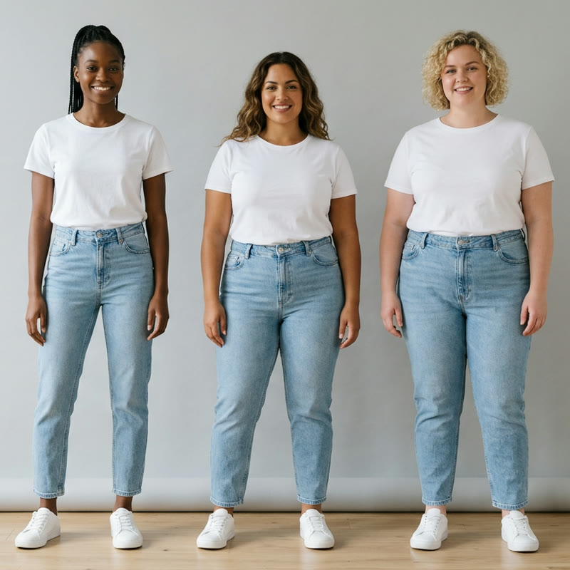 Same light wash mom jeans on three women with different body types and skin tones, AI Jeans Model Generator