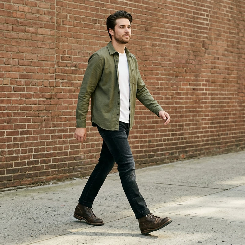 Man in slim black washed jeans and brown boots walking along a brick wall, AI Jeans Model Generator