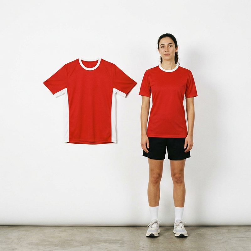 Red jersey with white side panels hanging flat on a wall next to a woman wearing the same jersey, AI Jersey Model Generator