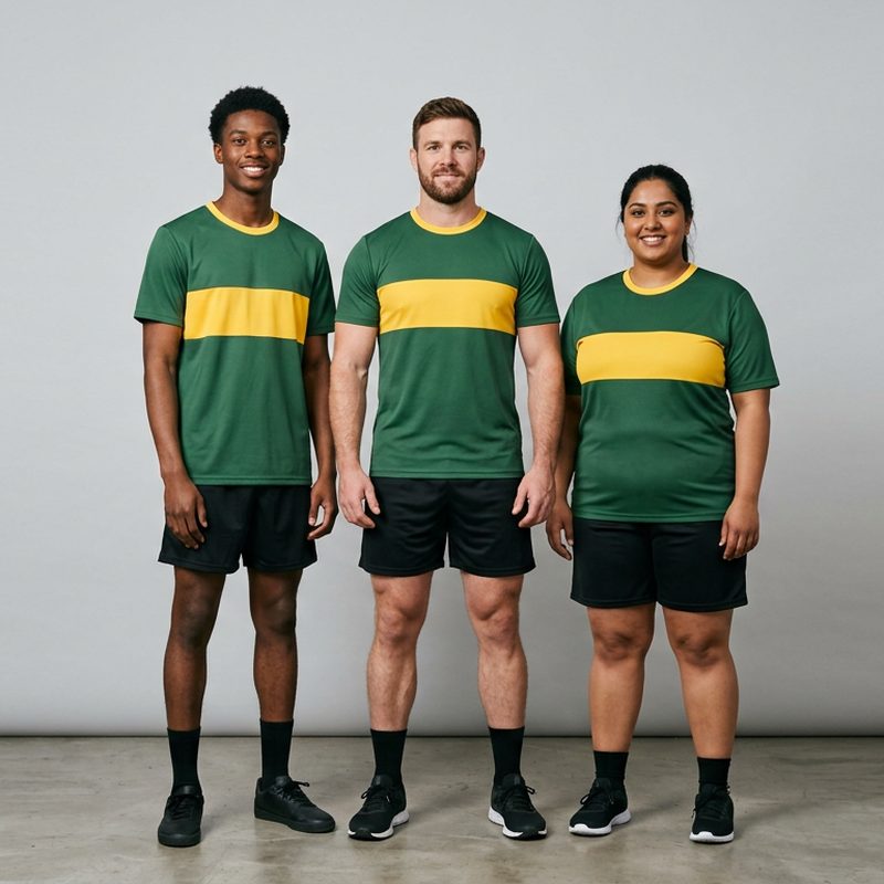Same green jersey with a yellow chest band on a slim man, a muscular man and a plus-size woman, AI Jersey Model Generator