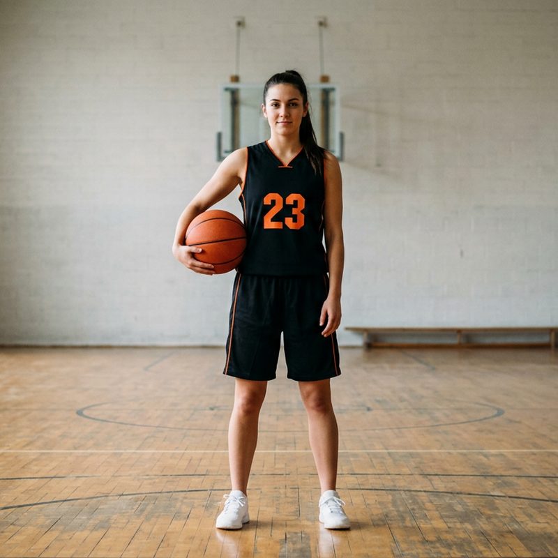 Woman in a black sleeveless basketball jersey with orange trim and the number 23 holding a basketball in a gym, AI Jersey Model Generator