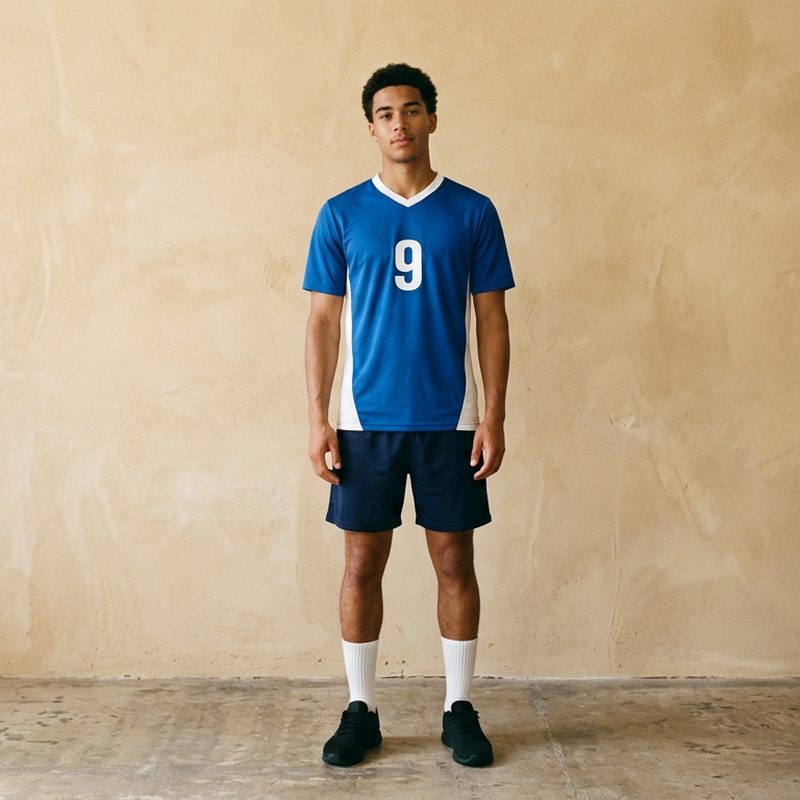 A model in a royal blue football jersey with white side panels and a white number 9, navy shorts, white socks and black sneakers against a sand plaster wall