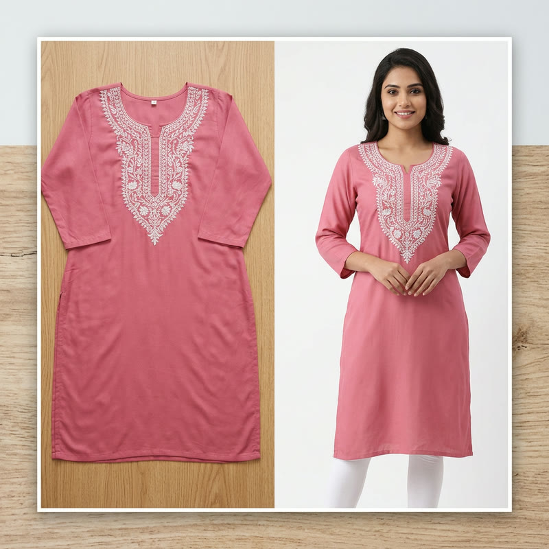 Pink embroidered kurti shown as a flat-lay and on a model with the same neckline embroidery, AI Kurti Model Generator
