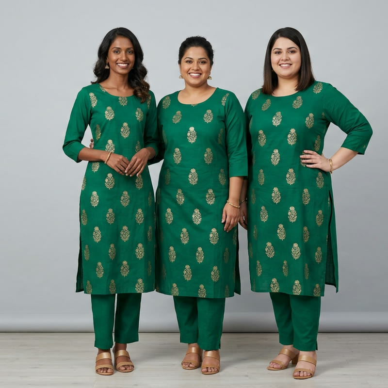 Same green printed kurti set on three women with different body types and skin tones, AI Kurti Model Generator