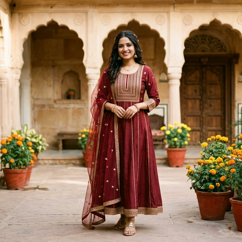 Model in a maroon anarkali kurti with gold embroidery and a sheer dupatta in a courtyard with marigolds, AI Kurti Model Generator