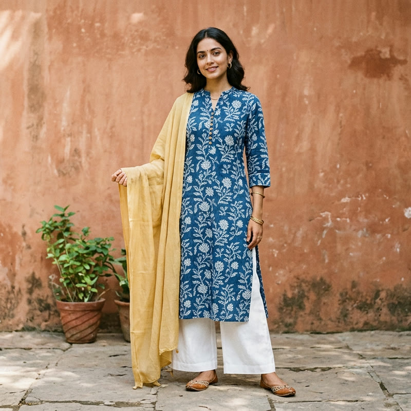 A model in an indigo block-print kurti with white palazzo pants and a mustard dupatta over one shoulder, against a terracotta wall