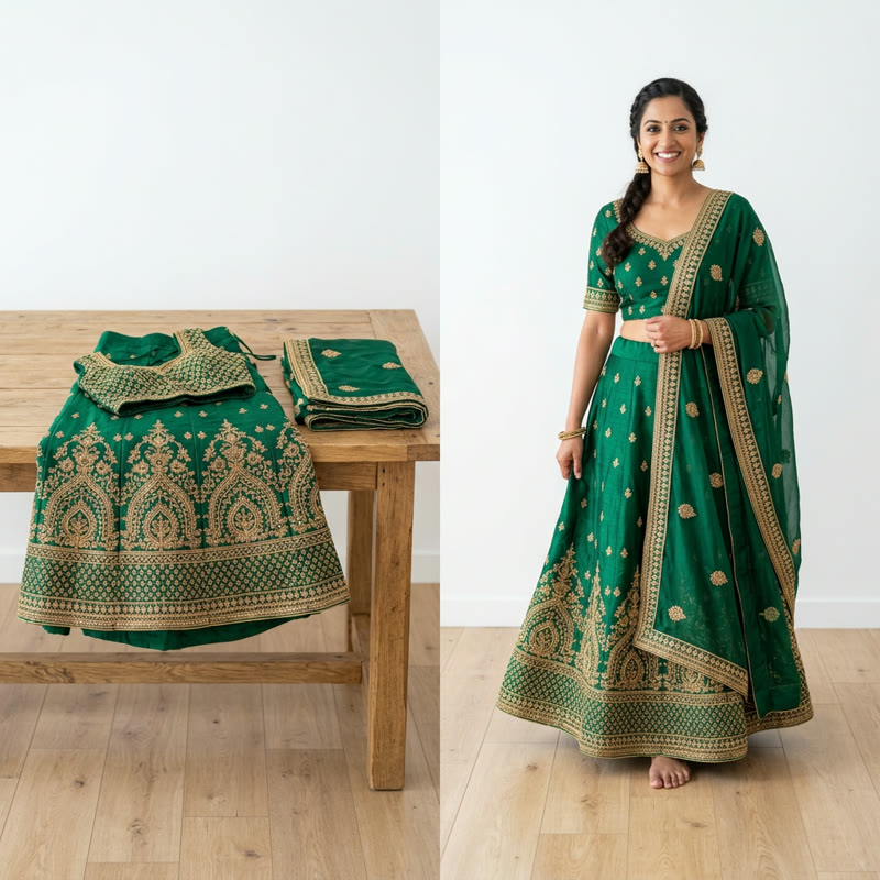 Emerald green lehenga with gold embroidery shown as a flat-lay and on a model with the same choli and dupatta, AI Lehenga Model Generator