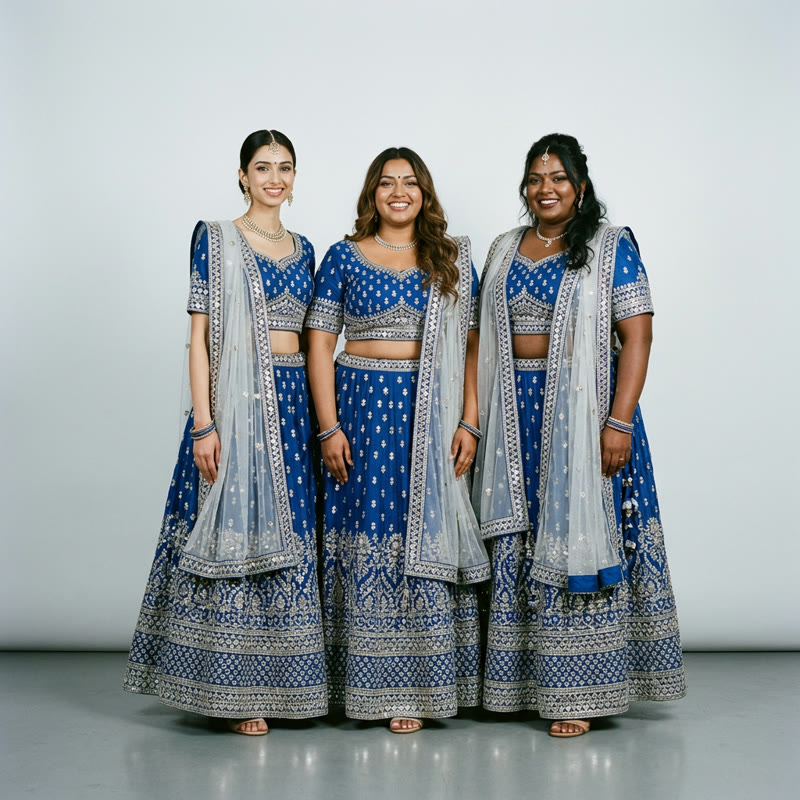 Same royal blue lehenga choli with silver embroidery and dupatta on three women with different body types and skin tones, AI Lehenga Model Generator