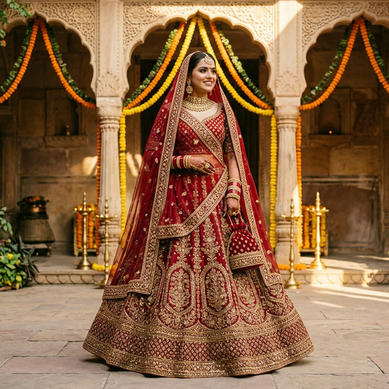 Bride in a deep red bridal lehenga with gold zari embroidery and a red dupatta over her head in a marigold-lit courtyard, AI Lehenga Model Generator