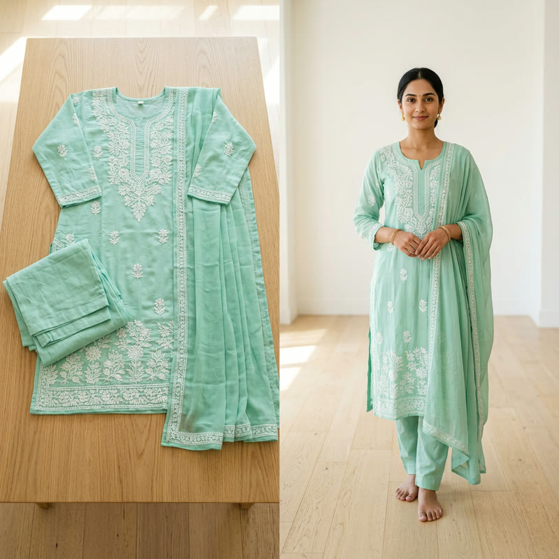 Mint green chikankari salwar suit shown as a flat-lay and on a model with the same embroidery and dupatta, AI Salwar Kameez Model Generator