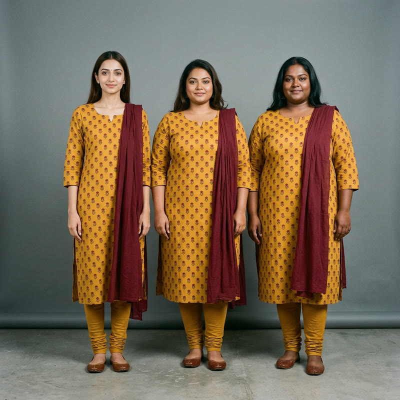 Same mustard printed salwar suit with churidar and maroon dupatta on three women with different body types and skin tones, AI Salwar Kameez Model Generator