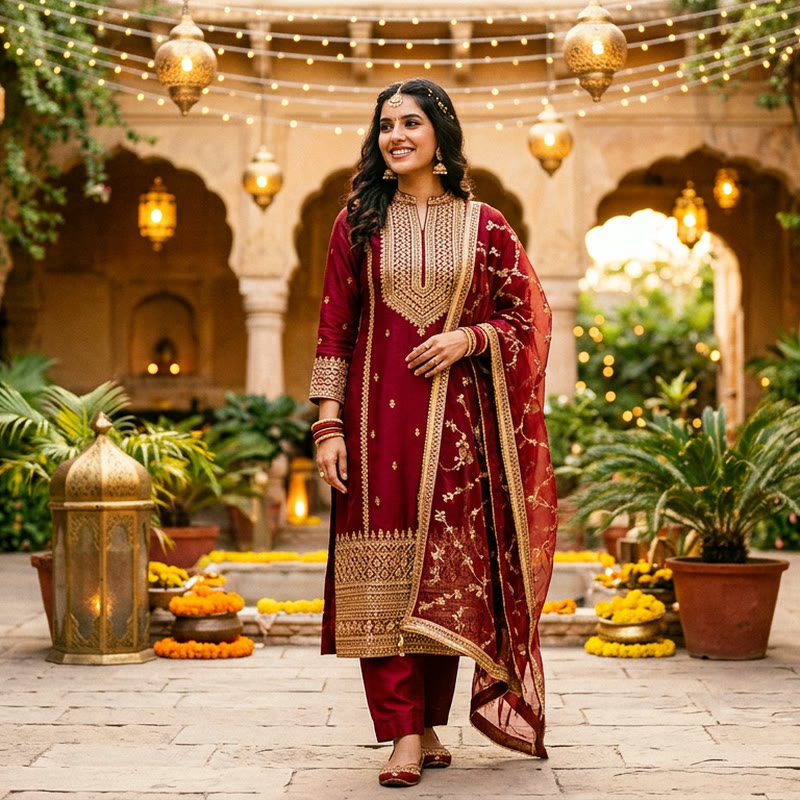 Model in a wine red festive salwar suit with gold zari embroidery and a sheer dupatta in a lantern-lit courtyard, AI Salwar Kameez Model Generator