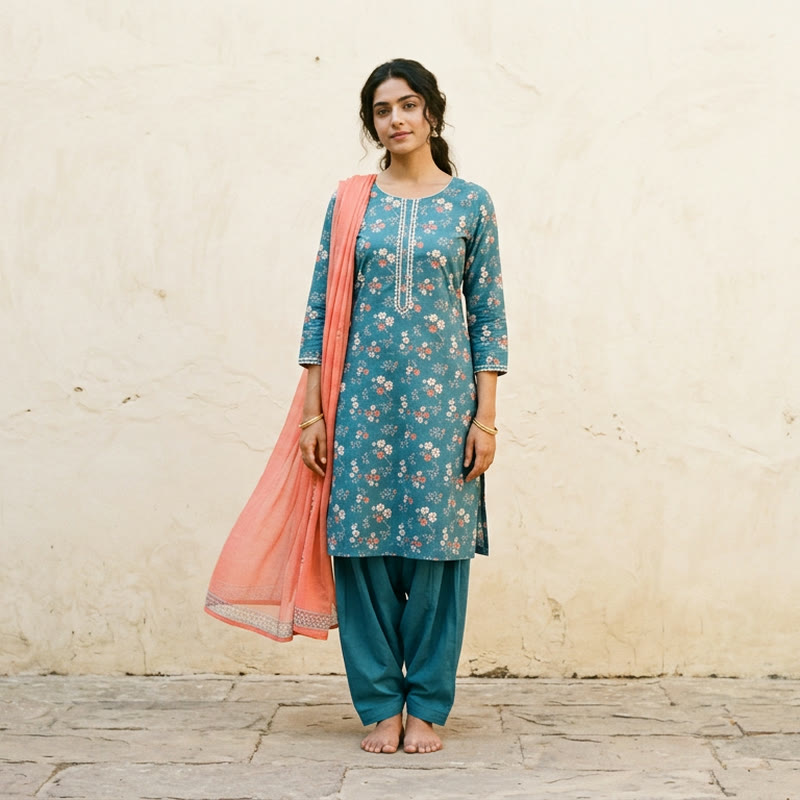 A model in a teal floral print salwar kameez with a coral dupatta over one shoulder, against a cream plaster wall