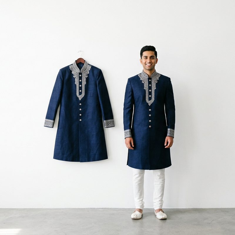 Navy blue sherwani with silver embroidery hanging on a wall next to a man wearing the same sherwani with white churidar, AI Sherwani Model Generator