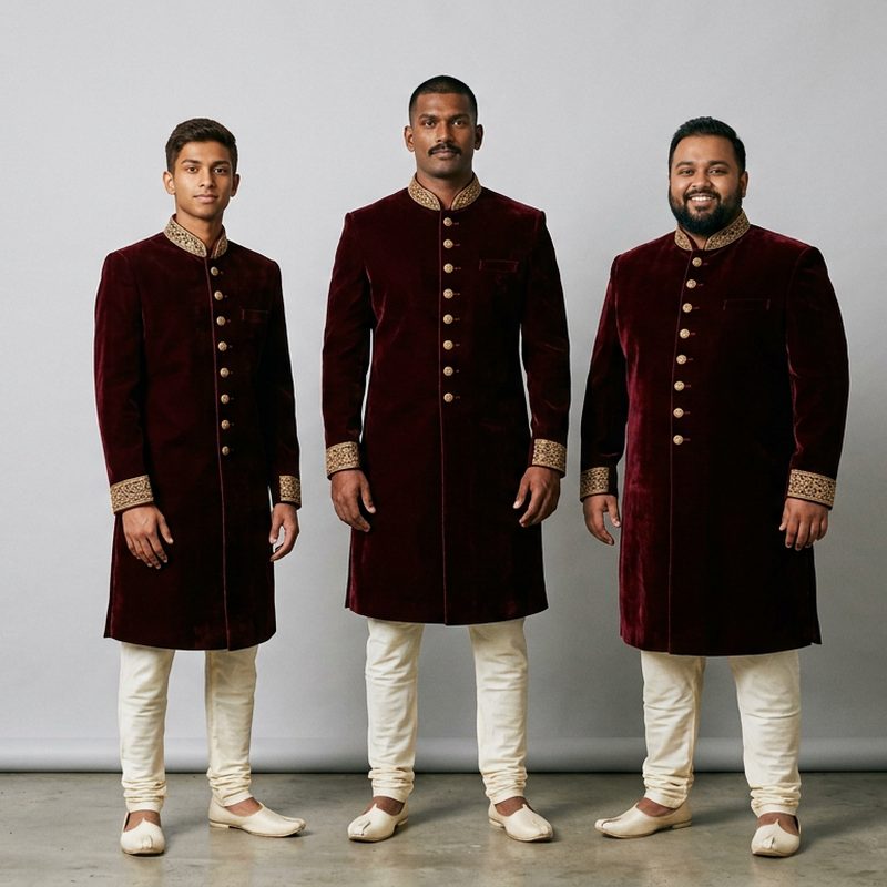 Same maroon velvet sherwani with gold embroidery on a slim man, an athletic man and a plus-size man, AI Sherwani Model Generator