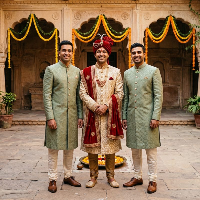 Groom in an ivory and gold brocade sherwani with a red safa and stole between two groomsmen in matching sage green sherwanis in a marigold courtyard, AI Sherwani Model Generator