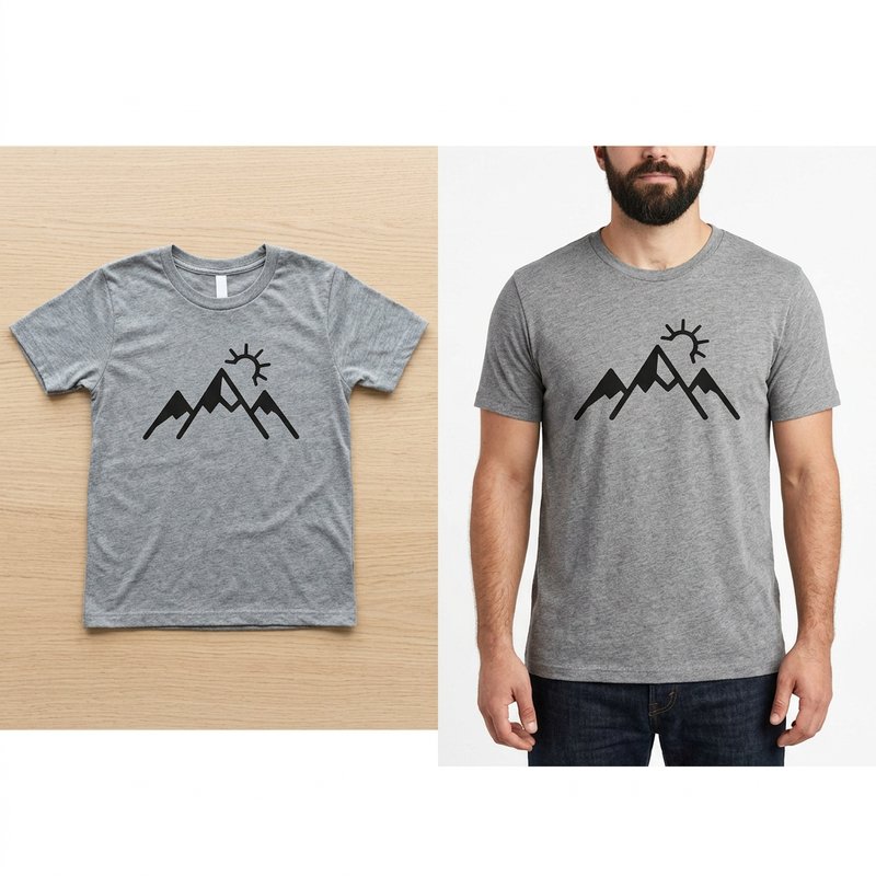 Grey graphic tee shown as a flat-lay and on a male model with the same print placement, AI T-Shirt Model Generator