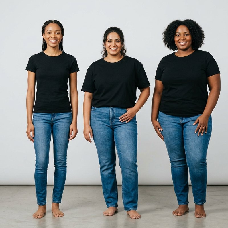 Same black t-shirt on three women with different body types and skin tones, AI T-Shirt Model Generator