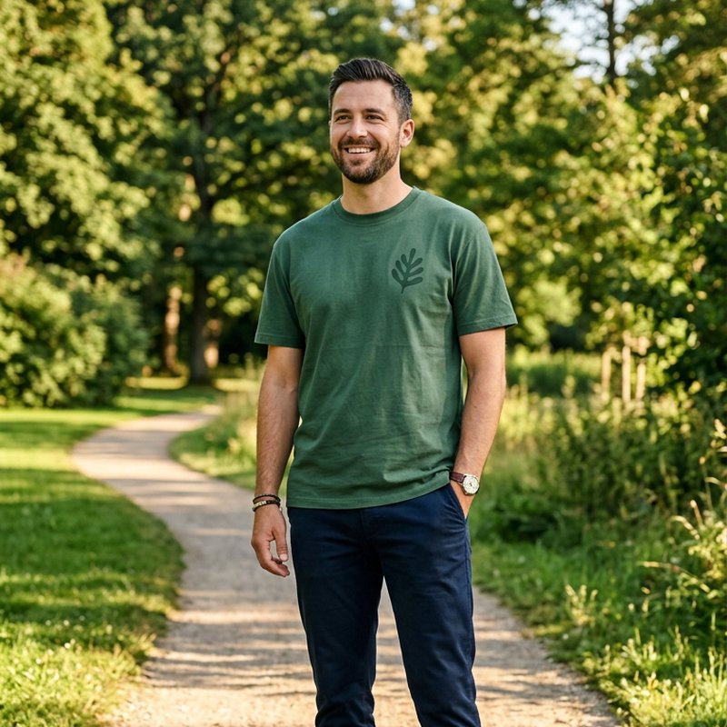 Man in a green t-shirt with a small chest graphic on a sunny park path, AI T-Shirt Model Generator