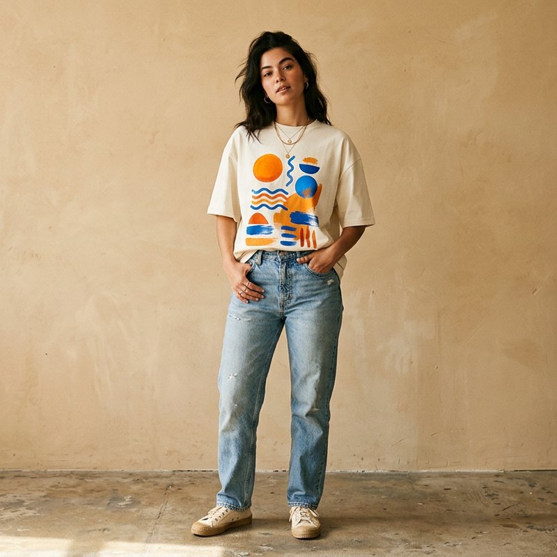A model in an oversized off-white graphic tee with an orange and blue abstract print, tucked into light jeans against a warm sand wall