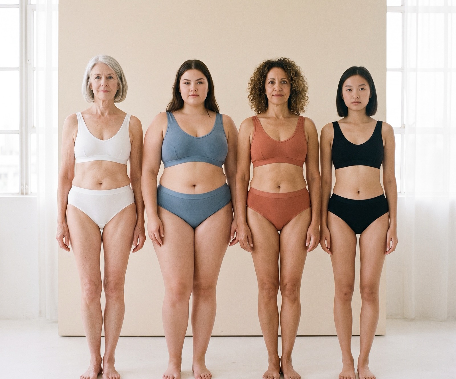 Four models of different ages, body types and skin tones in a row, each wearing the same basics set in a different colorway