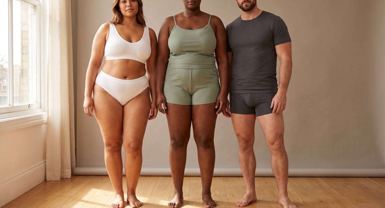 Three models in everyday cotton basics — a white bralette set, a sage camisole set and charcoal boxer briefs — in a warm daylit room