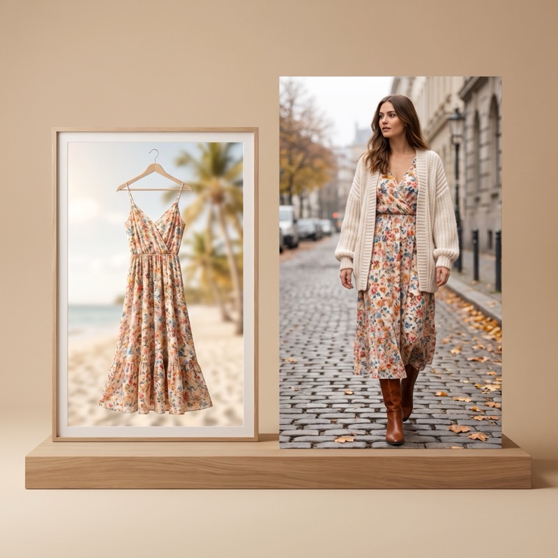 The same garment restyled from winter to summer on-model — Seasonal Listing Refresh