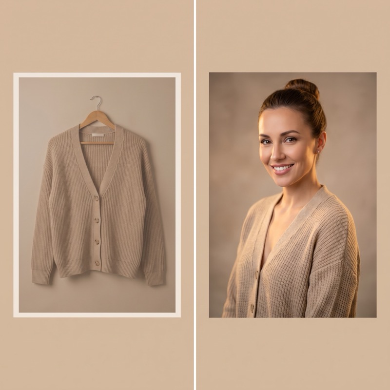 An old flat product photo turned into a fresh on-model shot — Stale Photo Refresh